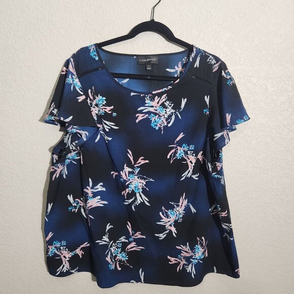 Lane Bryant Womens Navy Floral Short Sleeve Blouse Size 18 Polyester Lightweight - Picture 1 of 16